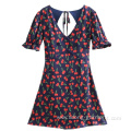 V-neck Bubble Sleeve Cherry Printed Backless dress